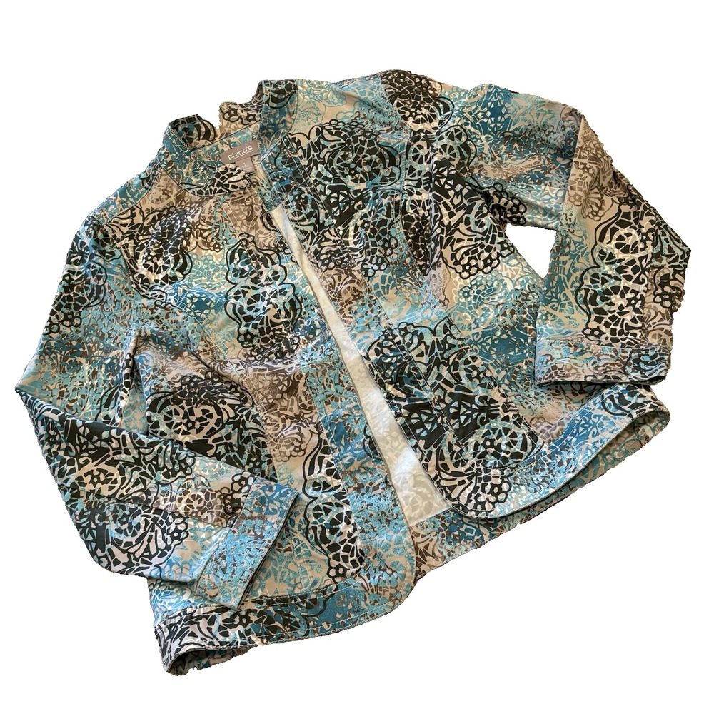 Chicos Women's Teal Gray Print Jacket Blazer Size 1 Medium Long Sleeve stretchy